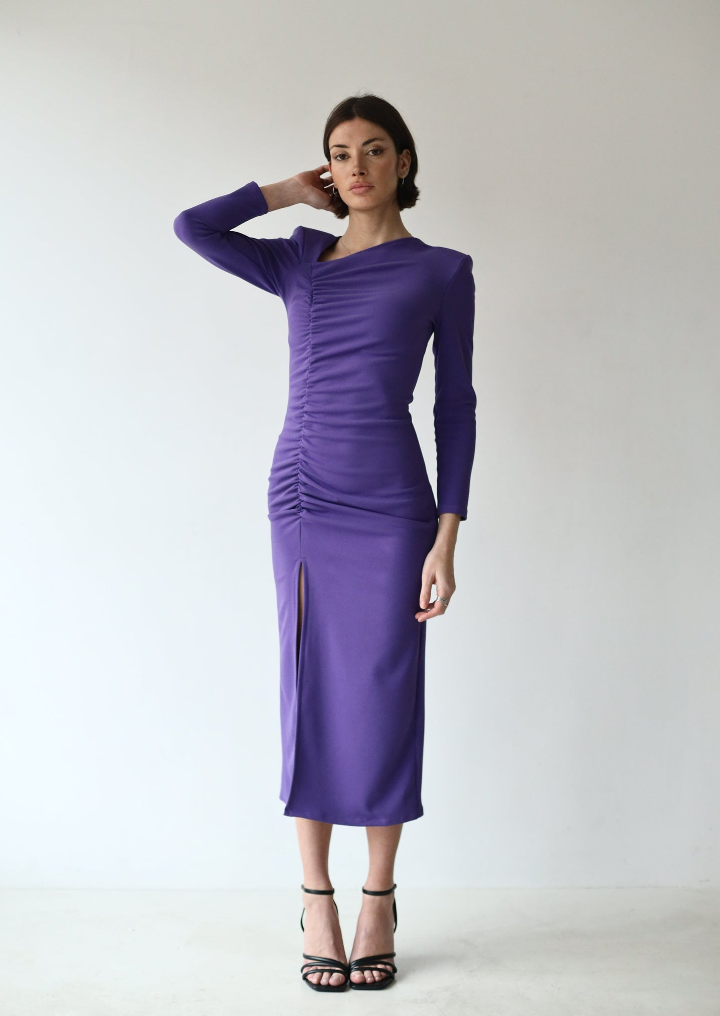 VESTIDO DRAPEADO ASIMETRICO MORADO