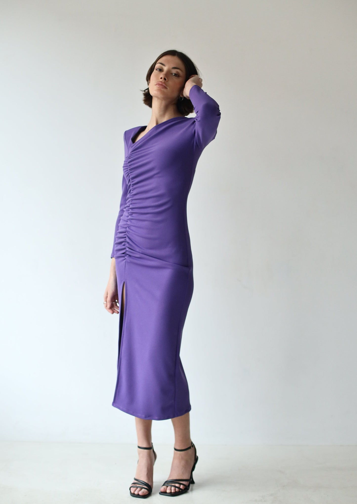 VESTIDO DRAPEADO ASIMETRICO MORADO