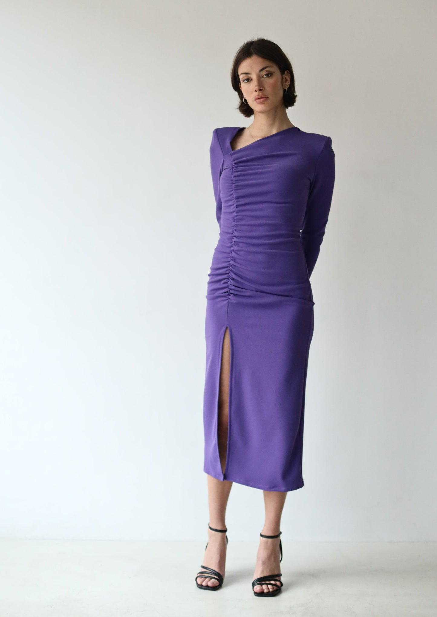 VESTIDO DRAPEADO ASIMETRICO MORADO